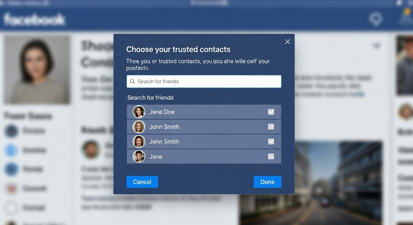 Ảnh chụp màn hình giao diện chọn "Người liên hệ tin cậy" trên Facebook.