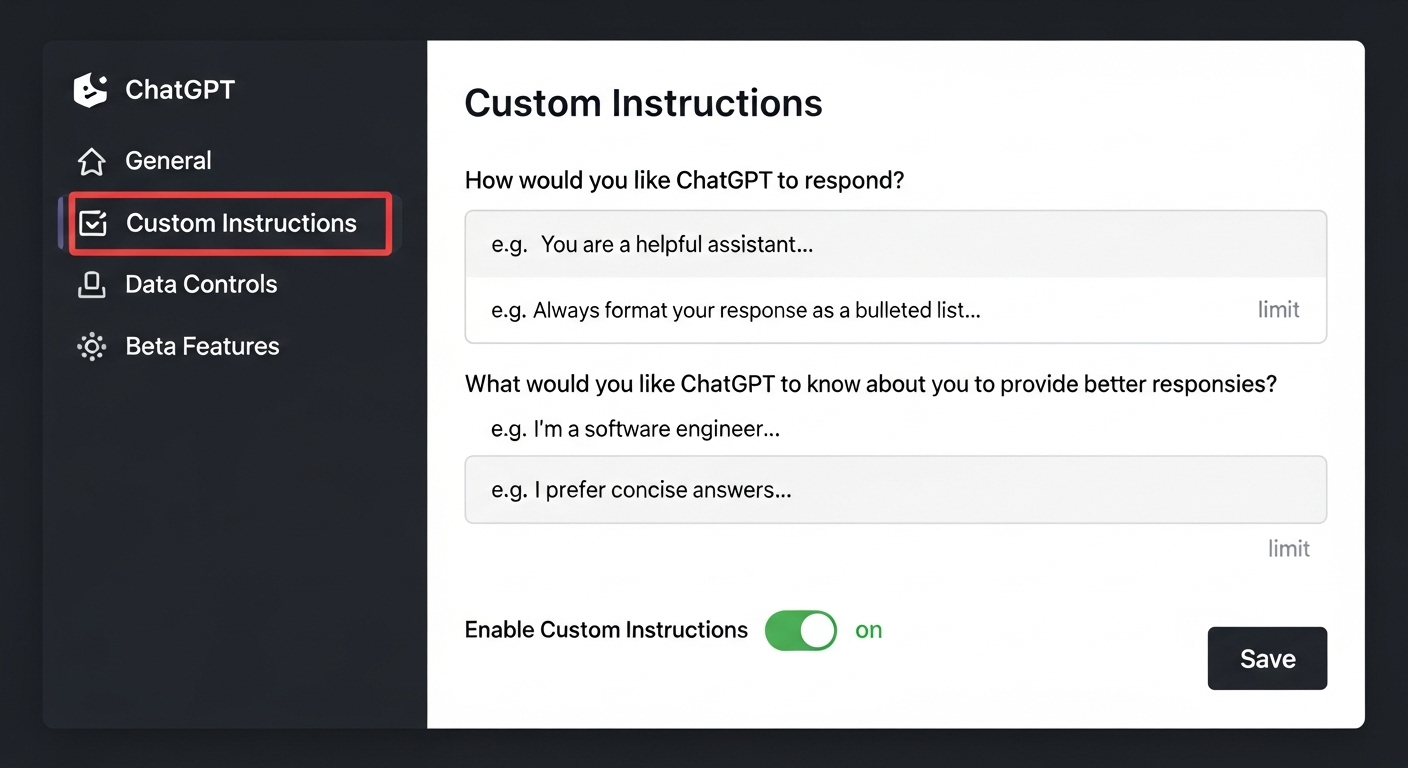 Ảnh chụp màn hình giao diện "Custom Instructions" trong cài đặt của ChatGPT