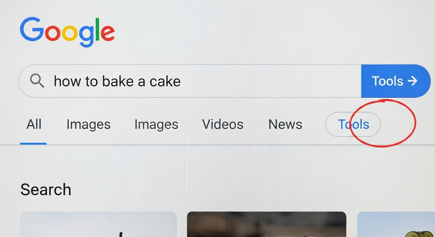 Ảnh chụp màn hình giao diện tìm kiếm của Google, khoanh đỏ vào nút "Công cụ" (Tools).
