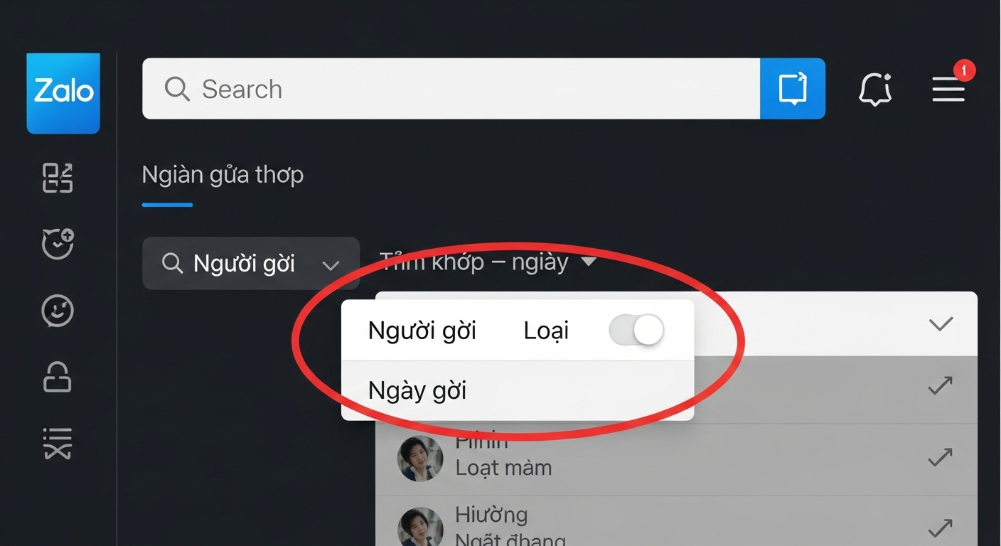 Ảnh chụp màn hình giao diện tìm kiếm của Zalo, khoanh đỏ vào các tùy chọn bộ lọc như "Người gửi", "Loại", và "Ngày gửi".