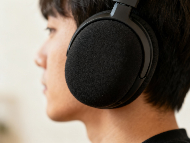 Ảnh chụp tai nghe Over-ear đang được đeo, làm nổi bật phần đệm tai lớn ôm trọn vành tai.