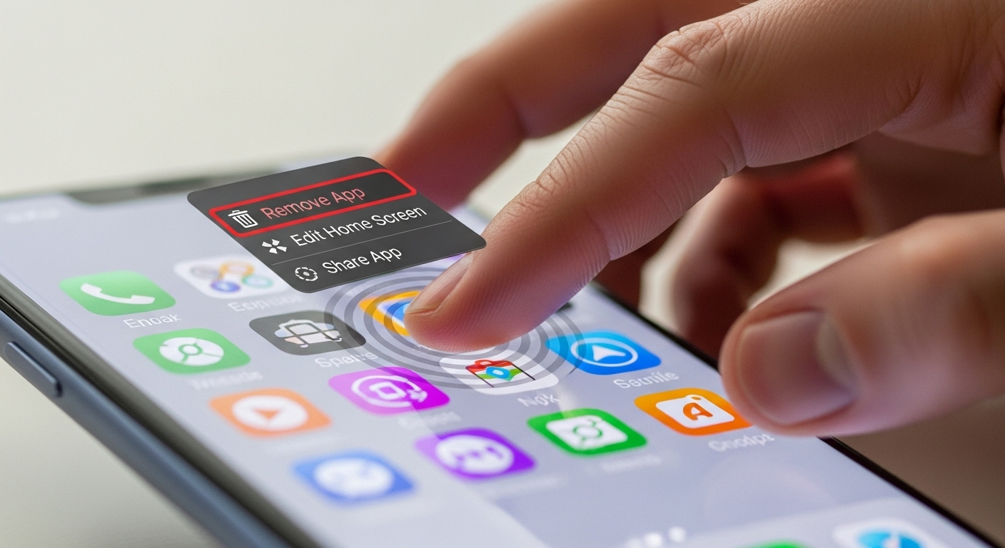 Ảnh động minh họa thao tác nhấn giữ và chọn "Xóa ứng dụng" trên màn hình chính.
