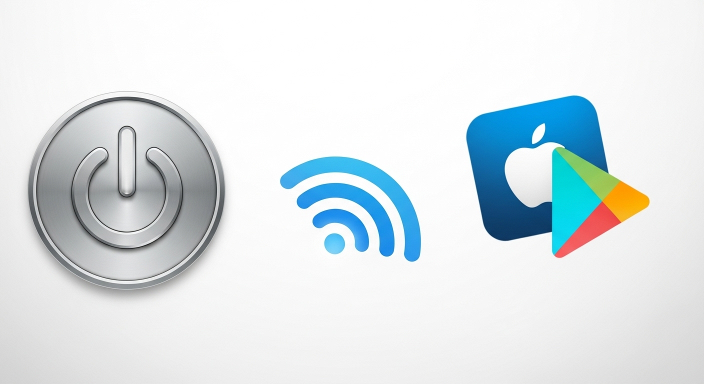 Ảnh ghép 3 biểu tượng: một icon nút nguồn, một icon sóng Wifi/4G, và logo của App Store và CH Play.