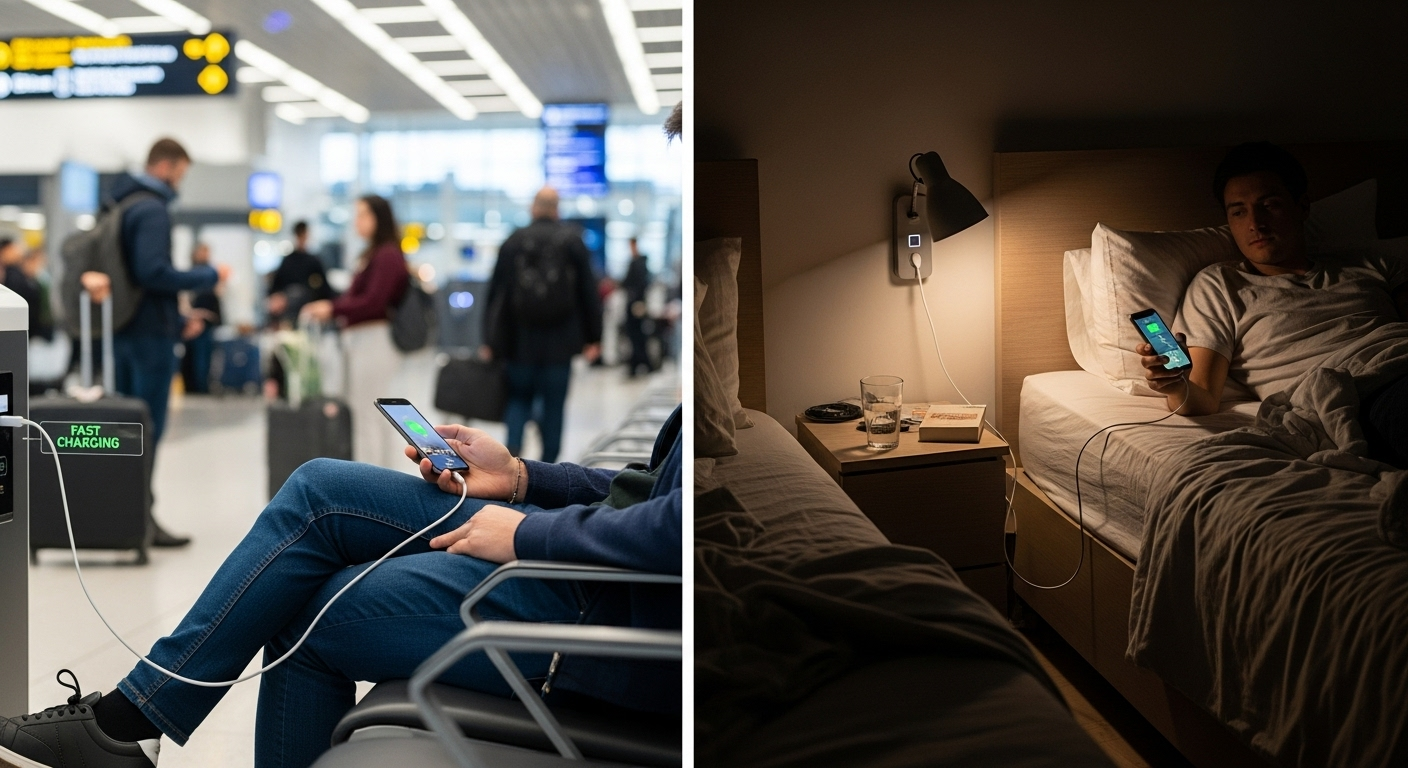Ảnh ghép so sánh hai bối cảnh: một người sạc nhanh điện thoại ở sân bay và một người cắm sạc thường bên cạnh giường ngủ.