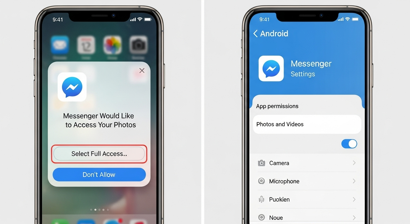 Ảnh ghép so sánh màn hình cấp quyền truy cập ảnh trên iOS và Android cho ứng dụng Messenger.