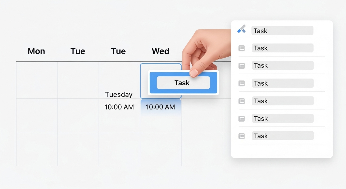 Ảnh GIF minh họa thao tác kéo một Task từ danh sách bên phải vào một khung giờ trống trên lịch.