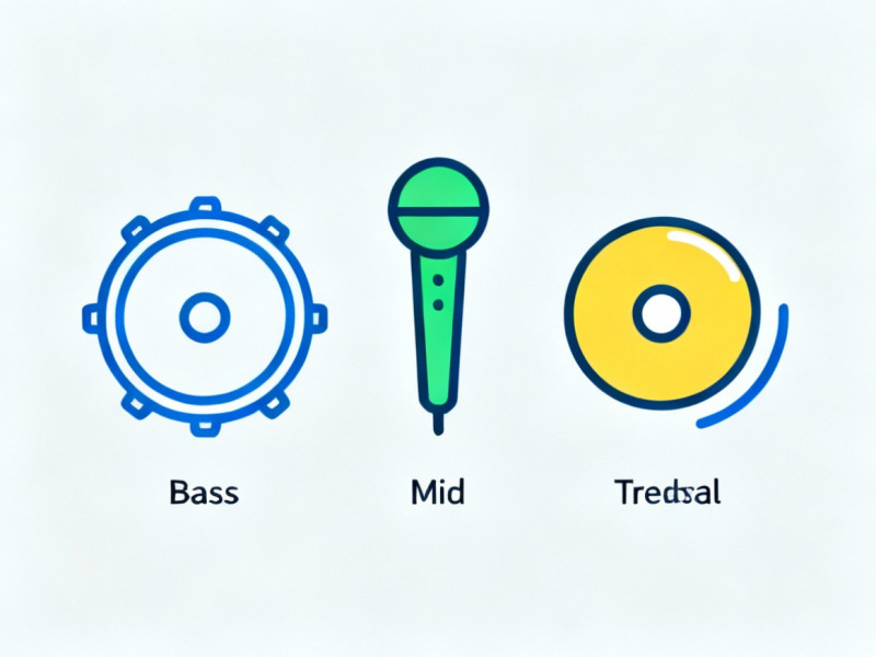 Ba icon đại diện cho ba dải âm: một cái trống (Bass), một micro (Mid), và một chũm chọe/cymbal (Treble).