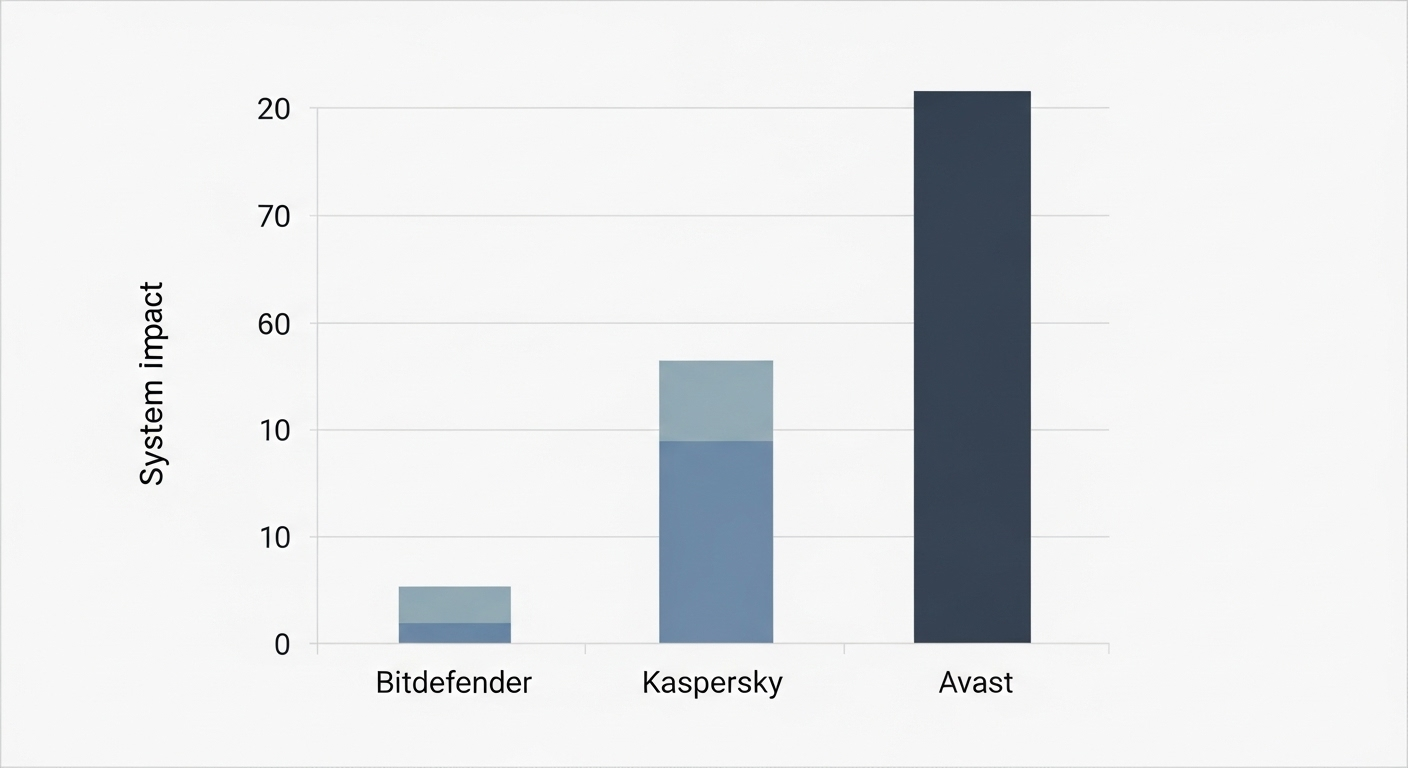 Biểu đồ cột đơn giản so sánh "Tác động lên hệ thống" của 3 phần mềm, trong đó cột của Bitdefender thấp nhất, kế đến là Kaspersky và cao nhất là Avast.