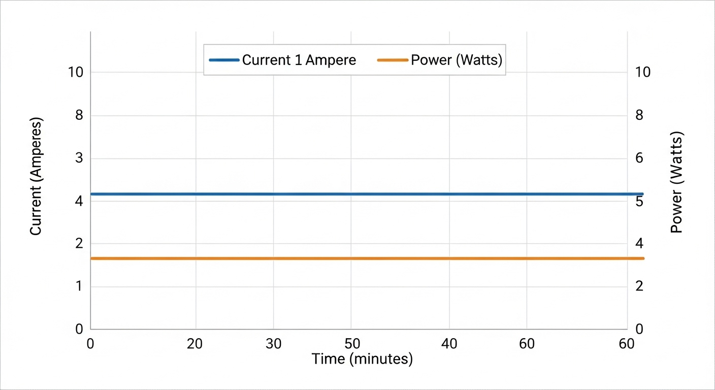 Biểu đồ đường thẳng thể hiện dòng điện và công suất ổn định, không đổi của sạc thường.