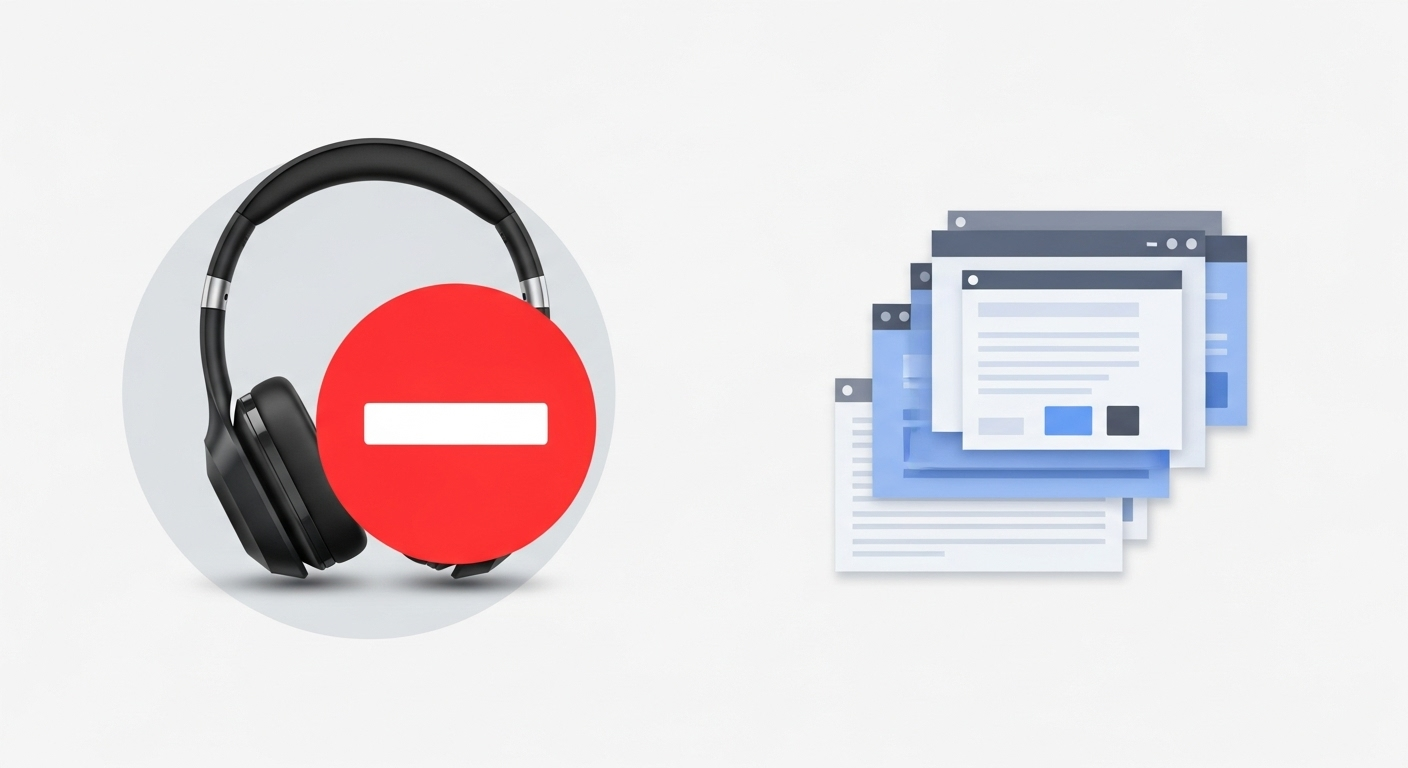 Bộ icon minh họa: tai nghe Bluetooth bị gạch chéo, và nhiều cửa sổ ứng dụng xếp chồng lên nhau.