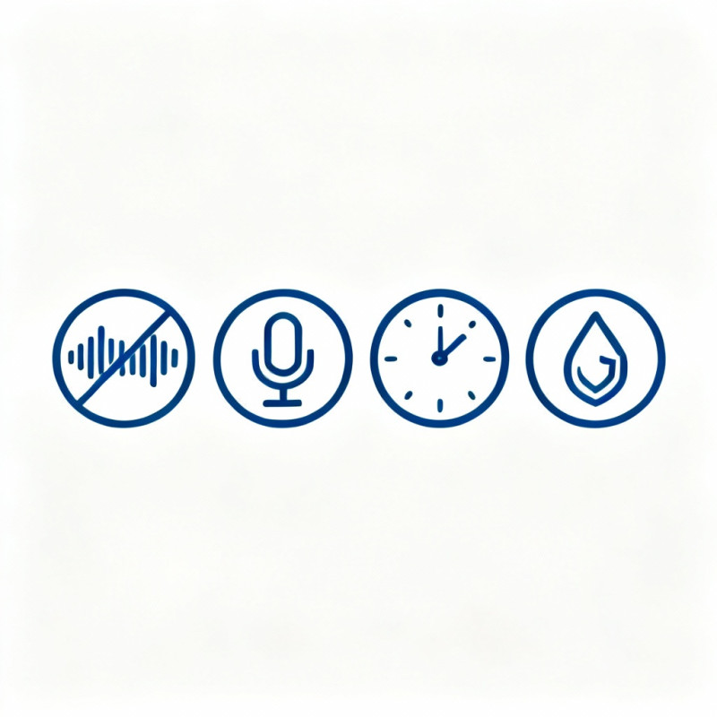 Các icon đại diện cho 4 tính năng: Chống ồn (sóng âm bị chặn), Micro, Độ trễ (đồng hồ), Chống nước (giọt nước).