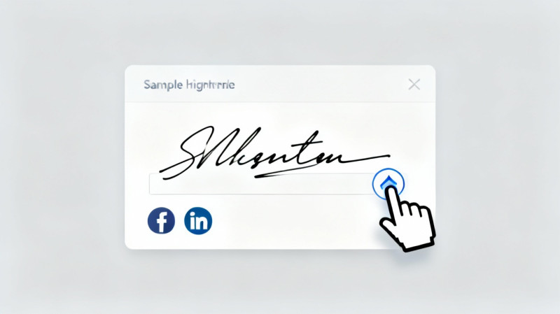 Chữ ký mẫu với icon Facebook và LinkedIn, con trỏ chuột đang chọn vào biểu tượng liên kết để gắn URL.