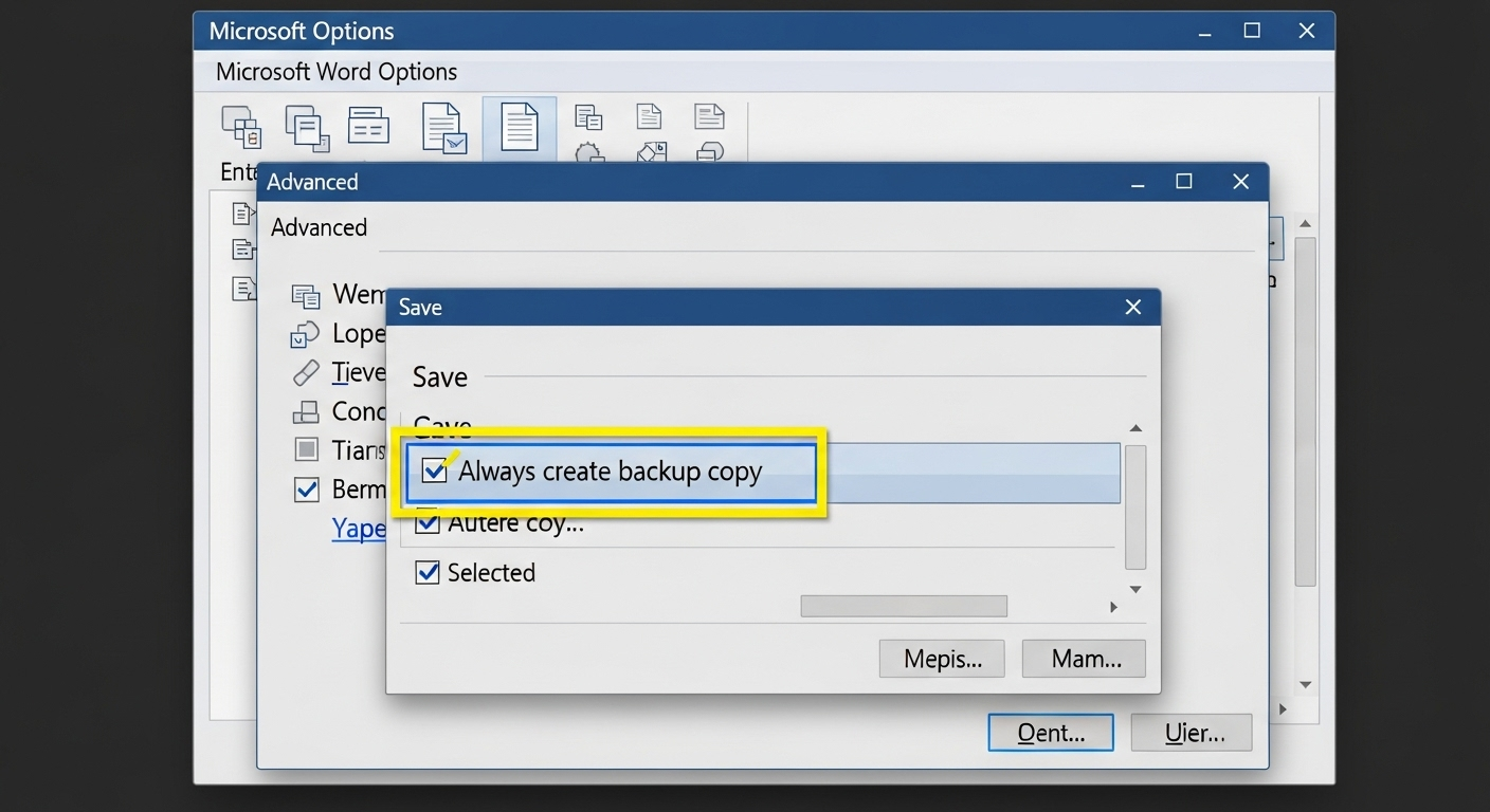 Chụp màn hình cài đặt Word, highlight tùy chọn "Always create backup copy" trong mục Advanced.