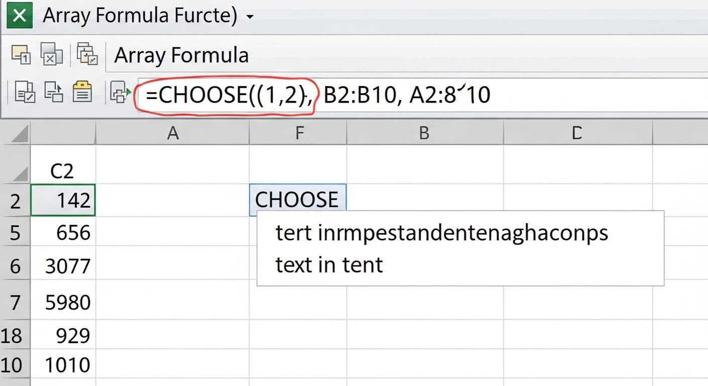 Chụp màn hình công thức mảng được nhập vào ô công thức Excel, chú thích rõ các thành phần như giá trị tìm kiếm, hàm CHOOSE và các vùng dữ liệu tương ứng.