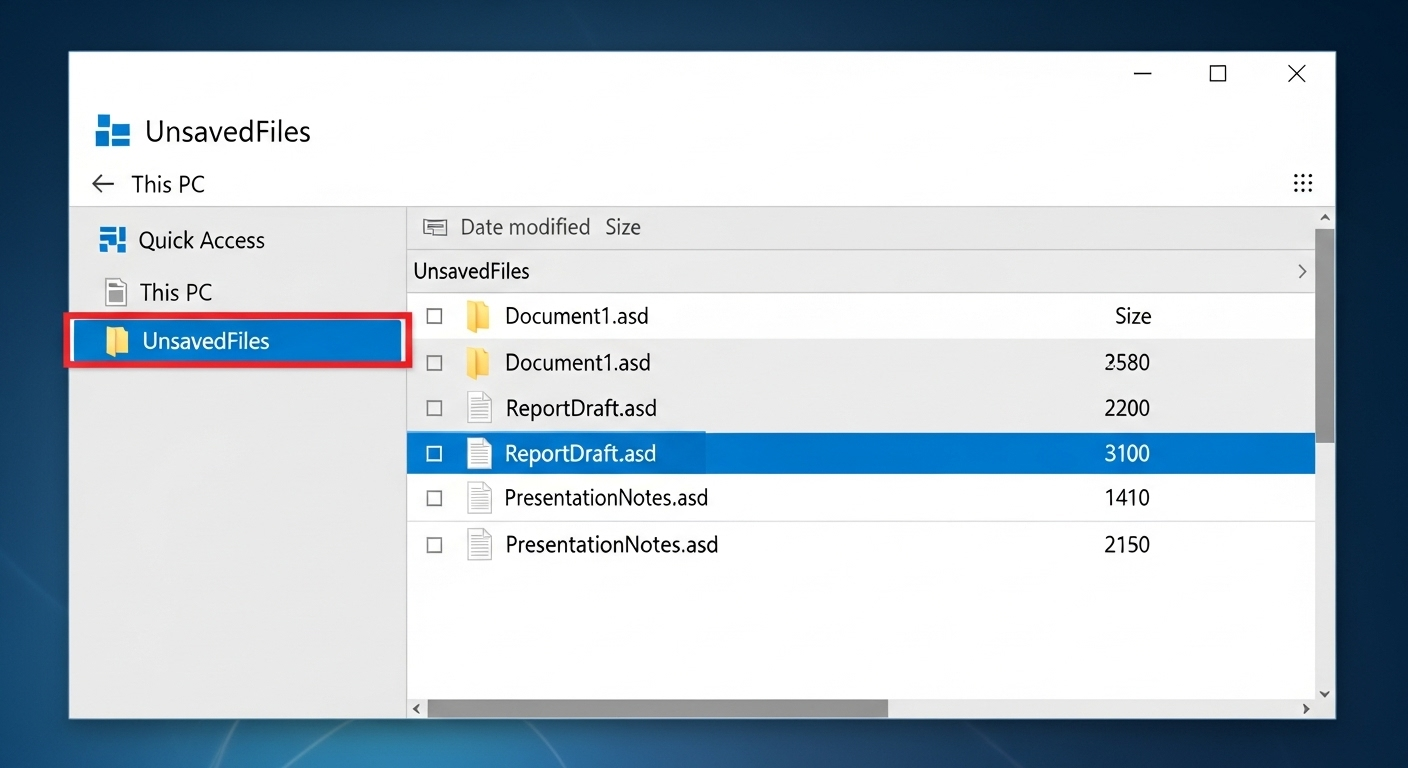 Chụp màn hình cửa sổ File Explorer hiển thị thư mục UnsavedFiles với các tệp .asd bên trong.