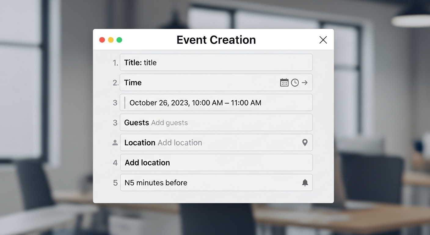 Chụp màn hình cửa sổ tạo sự kiện chi tiết với các chú thích cho mục Tiêu đề, Thời gian, Khách mời, Vị trí, và Thông báo.
