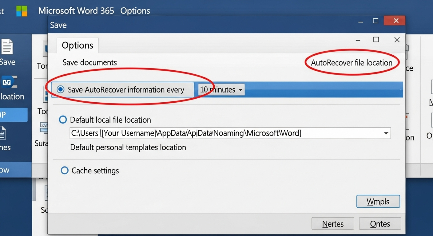 Chụp màn hình cửa sổ Word Options, tab "Save", khoanh đỏ vào mục "Save AutoRecover information every" và "AutoRecover file location".