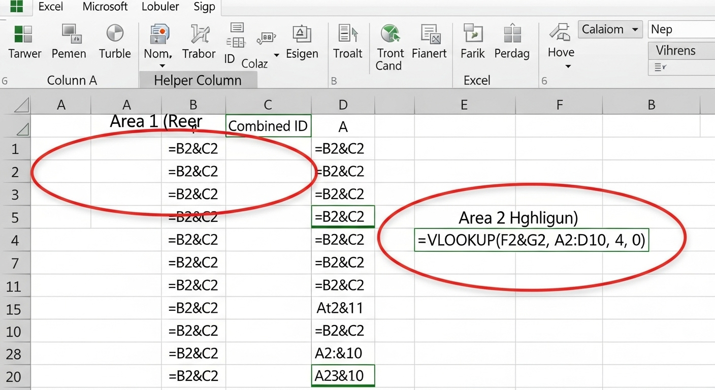 Chụp màn hình Excel. Vùng 1 khoanh đỏ cột phụ A mới tạo với công thức =B2&C2. Vùng 2 khoanh đỏ ô chứa công thức VLOOKUP hoàn chỉnh =VLOOKUP(F2&G2, A2:D10, 4, 0).