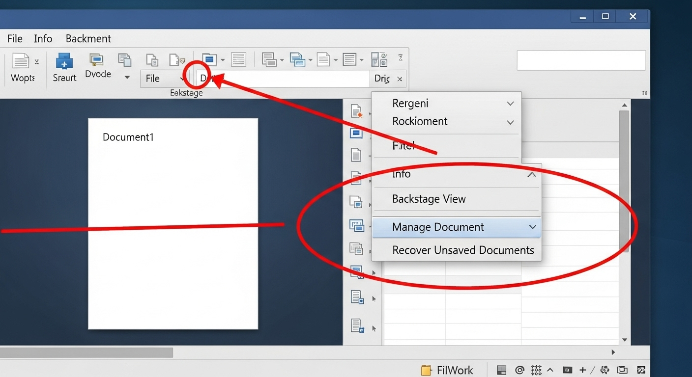Chụp màn hình giao diện Word, khoanh đỏ các bước: File -> Info -> Manage Document -> Recover Unsaved Documents.