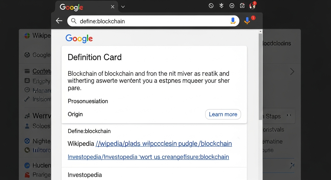 Chụp màn hình kết quả tìm kiếm cho lệnh "define:blockchain" hiển thị thẻ định nghĩa của Google.