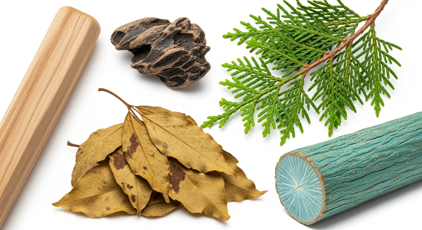 Collage hình ảnh đại diện cho 5 loại gỗ: thanh gỗ đàn hương, mẩu gỗ trầm, cành tuyết tùng, lá hoắc hương, và thanh gỗ trắc xanh.