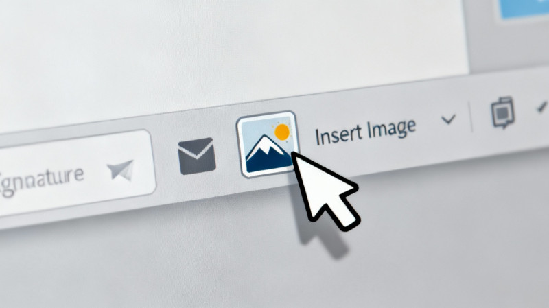 Con trỏ chuột đang nhấp vào biểu tượng "Chèn ảnh" trong thanh công cụ soạn thảo chữ ký của Gmail.