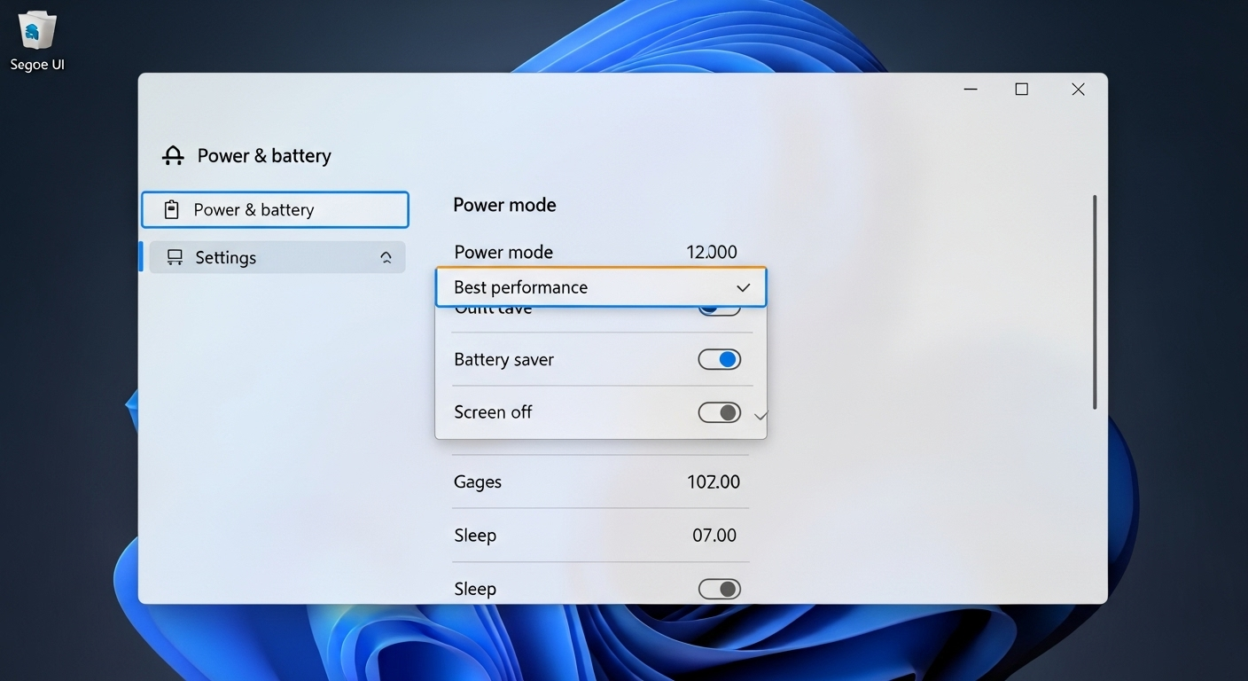 Cửa sổ cài đặt Power & battery trong Windows 11 với tùy chọn "Best performance" được chọn.