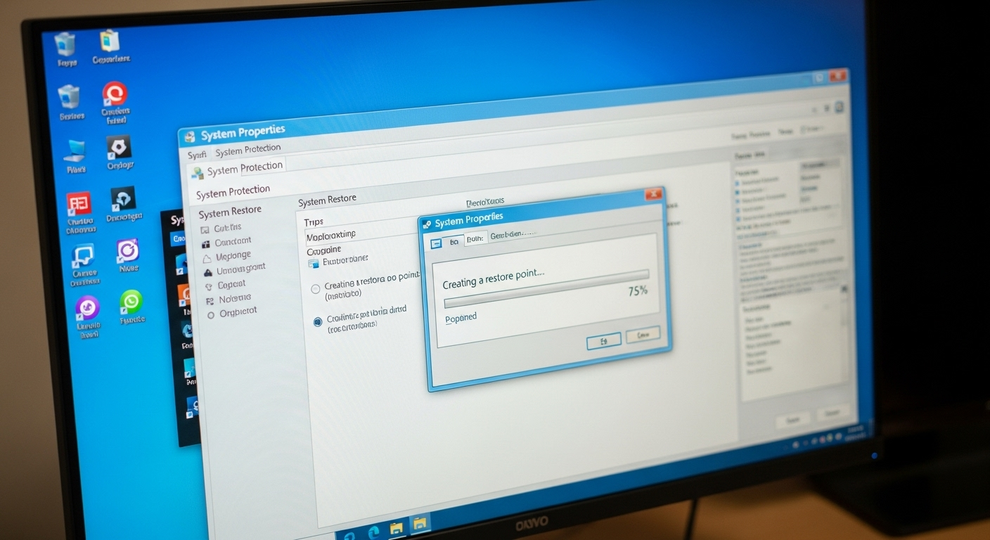 Cửa sổ System Properties đang trong quá trình tạo một điểm khôi phục hệ thống.