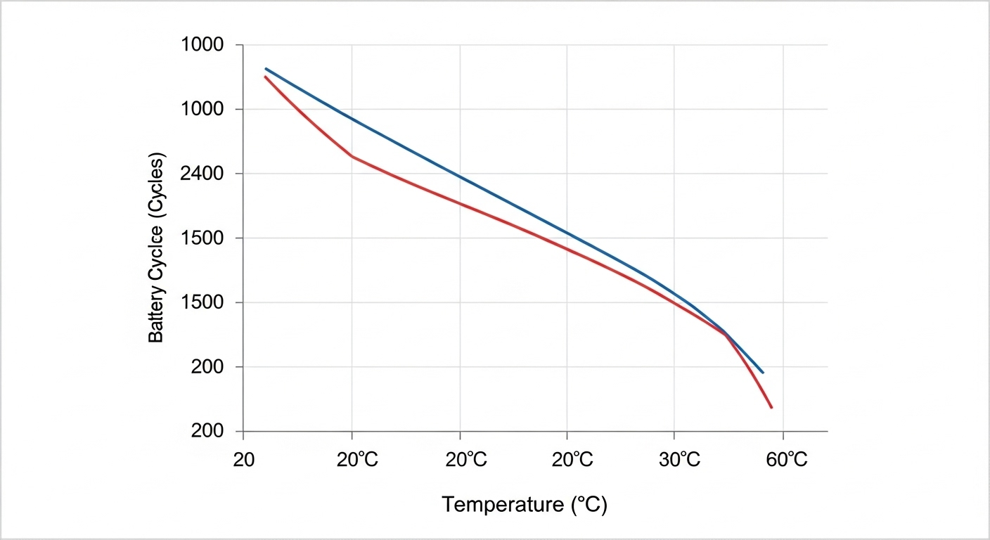 Đồ thị minh họa mối quan hệ giữa nhiệt độ tăng cao và tuổi thọ chu kỳ sạc của pin giảm xuống.