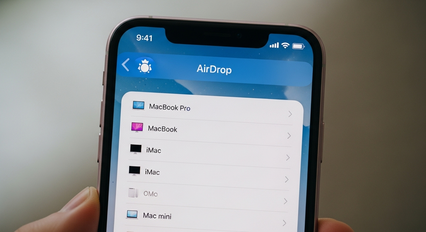 Giao diện chia sẻ trên iPhone với biểu tượng AirDrop và danh sách các thiết bị Mac lân cận.