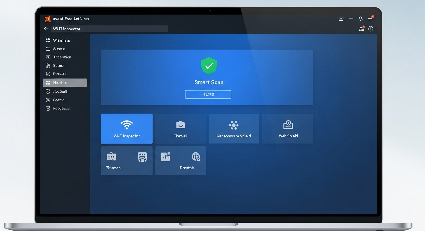 Giao diện chính của Avast Free Antivirus, hiển thị các mô-un tính năng đa dạng như Smart Scan, Wi-Fi Inspector.