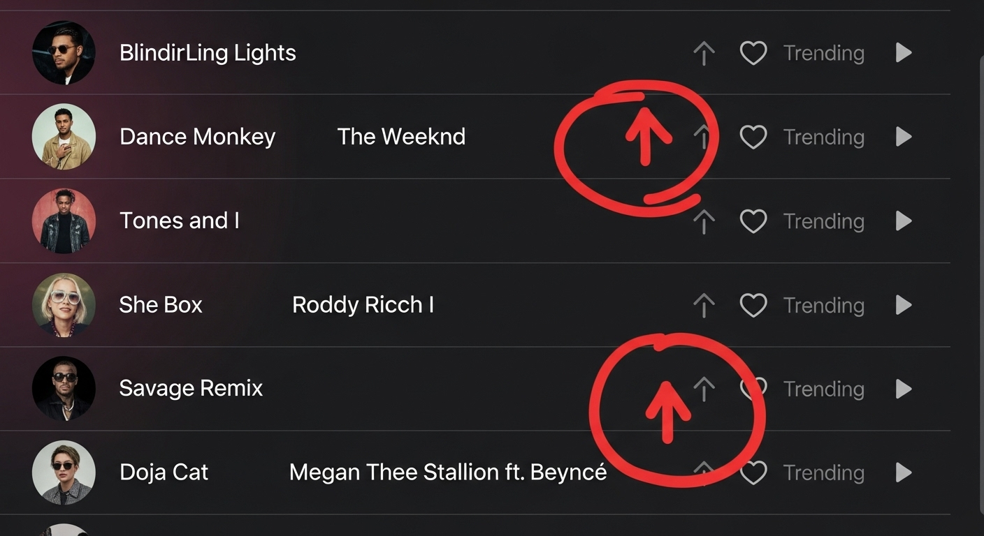 Giao diện chọn nhạc của TikTok, khoanh tròn vào những bài hát có biểu tượng trending.