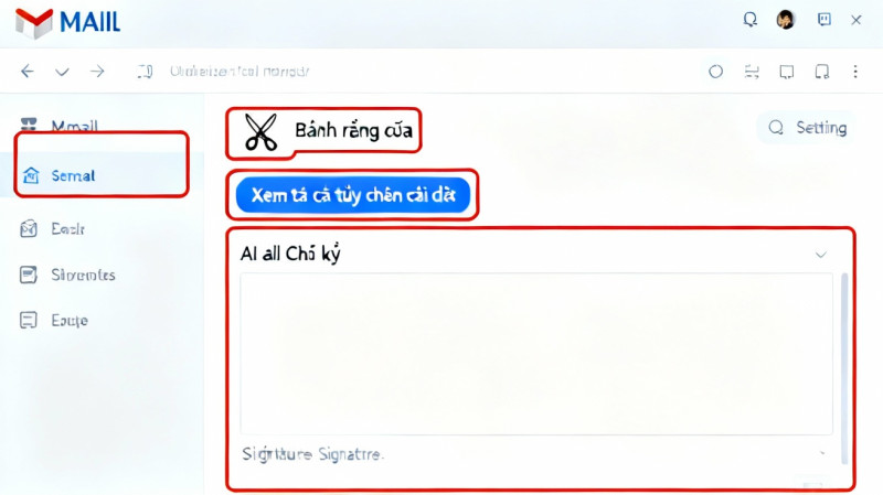 Giao diện Gmail với các vị trí được khoanh đỏ: biểu tượng bánh răng cưa, nút Xem tất cả tùy chọn cài đặt, và mục Chữ ký.