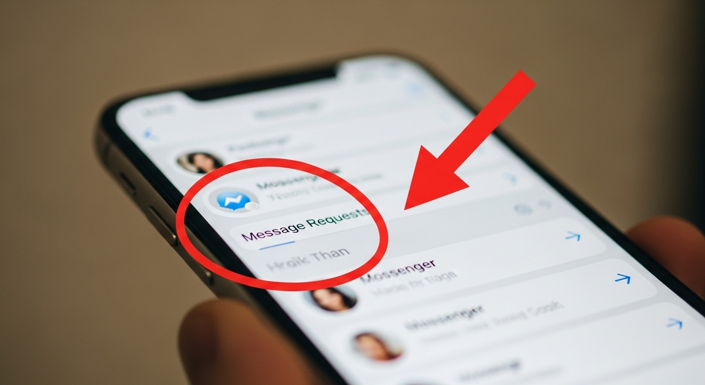 Giao diện Messenger được khoanh tròn và chỉ vào mục "Tin nhắn đang chờ" (Message Requests).