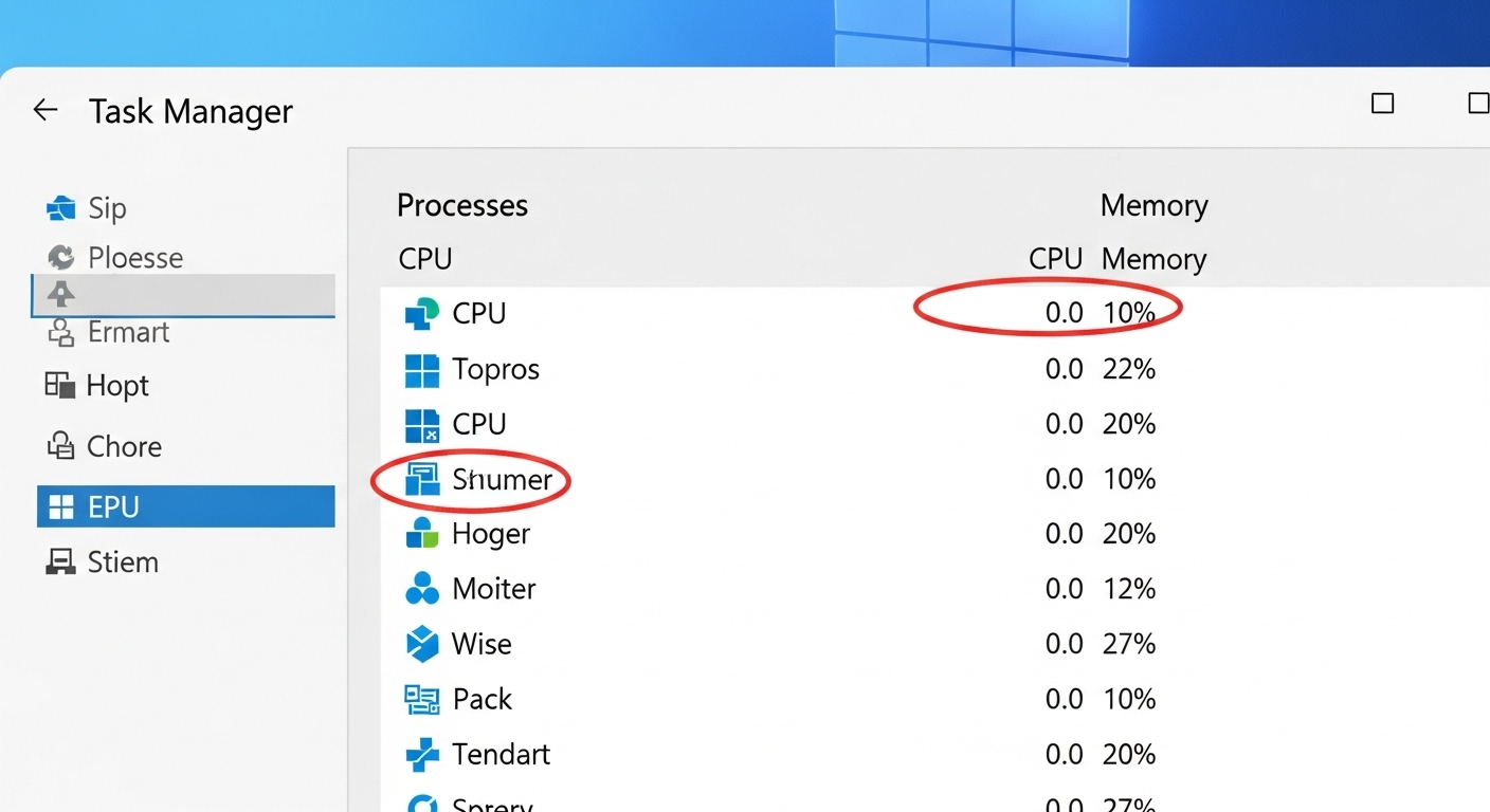 Giao diện Task Manager trên Windows 11, khoanh đỏ vào cột CPU và Memory được sắp xếp từ cao xuống thấp.