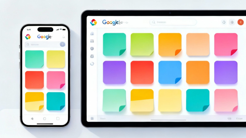 Giao diện thẻ ghi chú nhiều màu sắc của Google Keep trên điện thoại và máy tính.