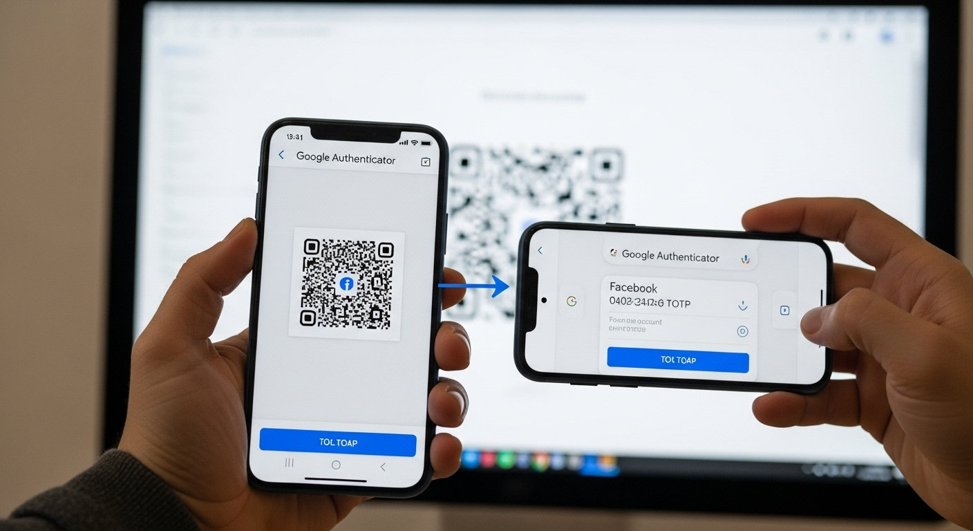 GIF minh họa quá trình dùng điện thoại quét mã QR từ màn hình máy tính để thêm tài khoản Facebook vào ứng dụng Google Authenticator.