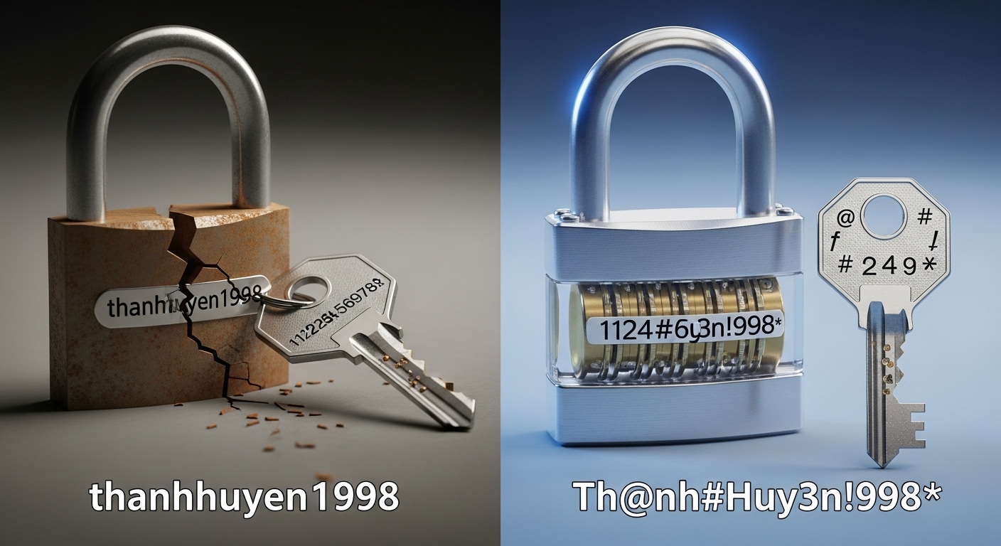 Hình ảnh so sánh một mật khẩu yếu "thanhhuyen1998" và một mật khẩu mạnh "Th@nh#Huy3n!998*".