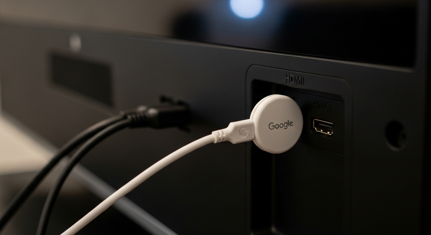 Hình ảnh thiết bị Google Chromecast được cắm vào cổng HDMI của TV