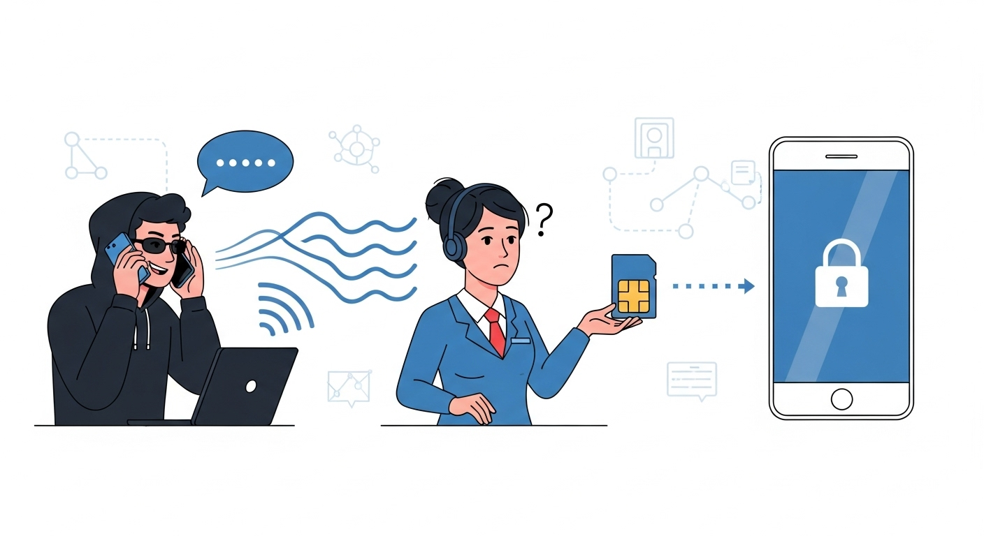 Hình minh họa đơn giản về một cuộc tấn công SIM Swap, cho thấy hacker lừa nhà mạng để lấy SIM của nạn nhân.