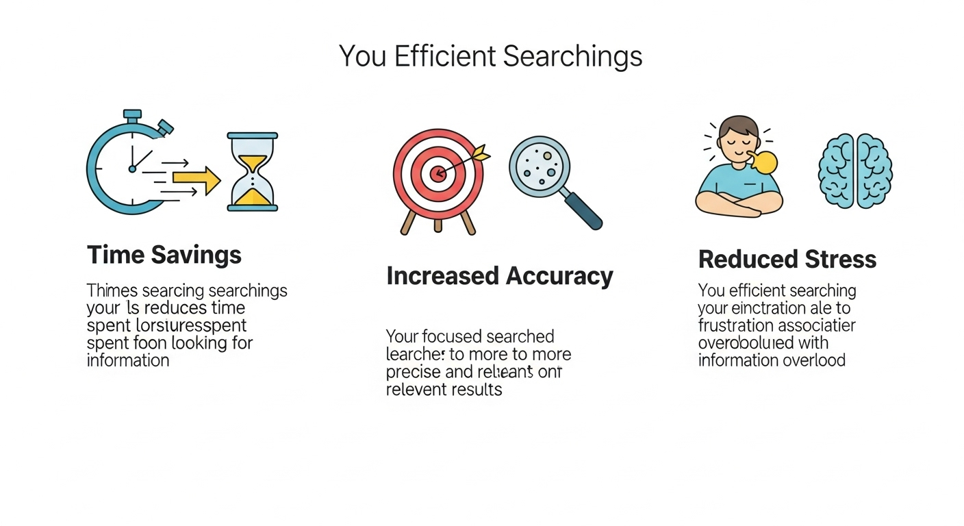 Infographic đơn giản thể hiện các lợi ích của việc tìm kiếm hiệu quả: Tiết kiệm thời gian, Tăng độ chính xác, Giảm căng thẳng.
