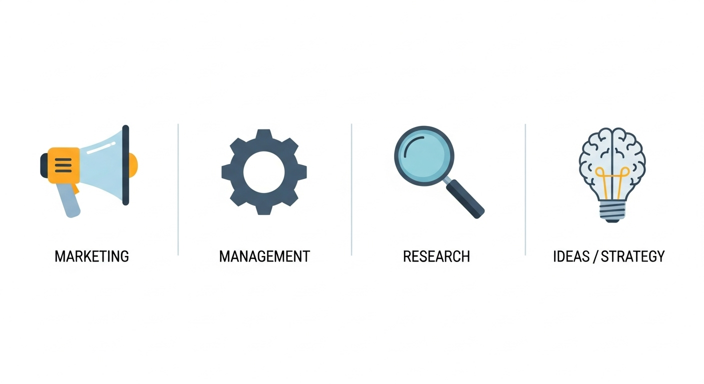 Infographic đơn giản với các icon đại diện cho Marketing, Quản lý, Nghiên cứu