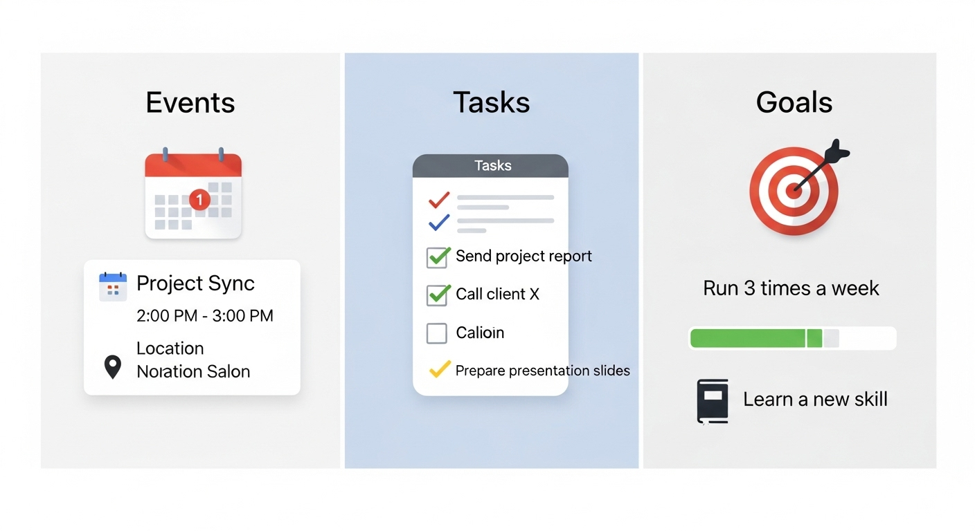 Infographic minh họa 3 thành phần chính của Google Calendar: Sự kiện, Việc cần làm, và Mục tiêu.