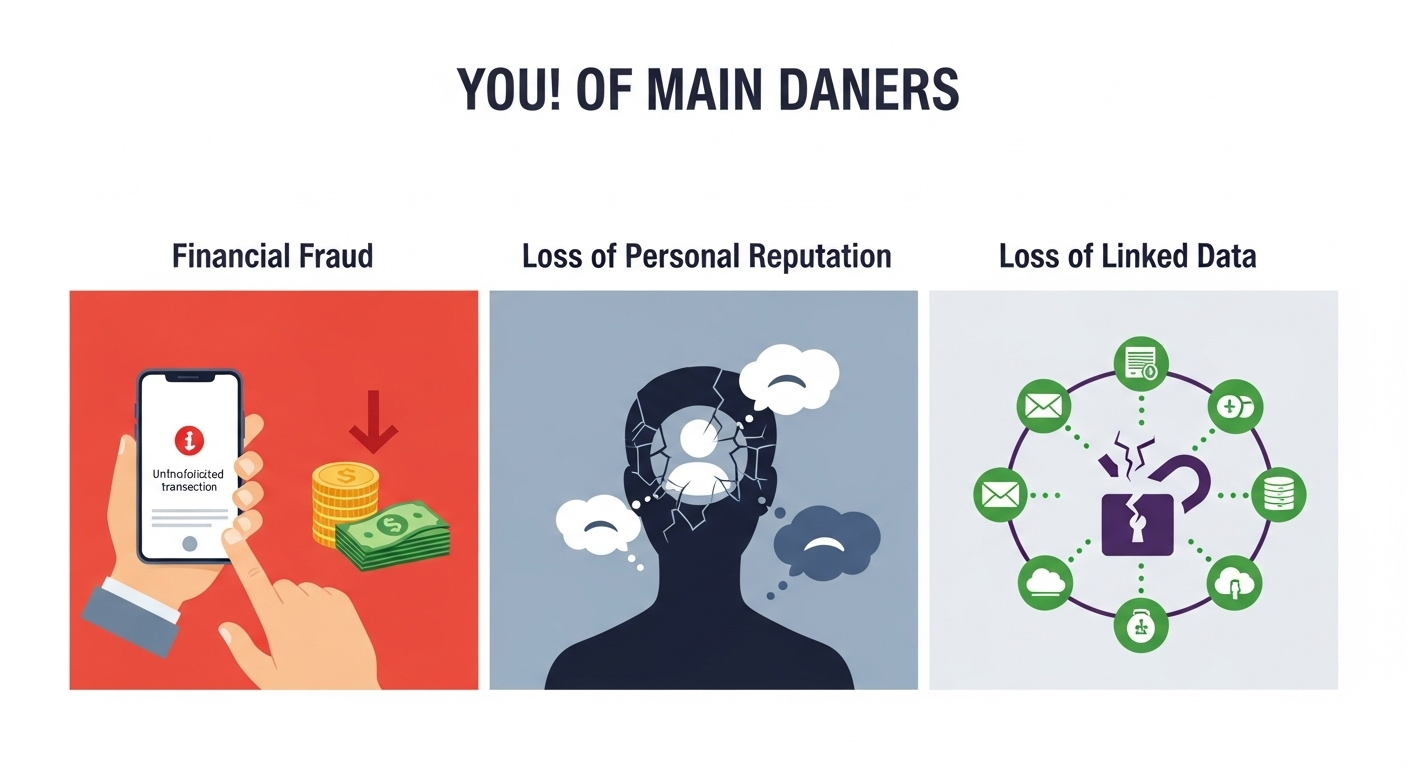 Infographic mô tả 3 nguy cơ chính khi bị hack Facebook: Lừa đảo tài chính, Mất uy tín cá nhân, và Mất dữ liệu liên kết.