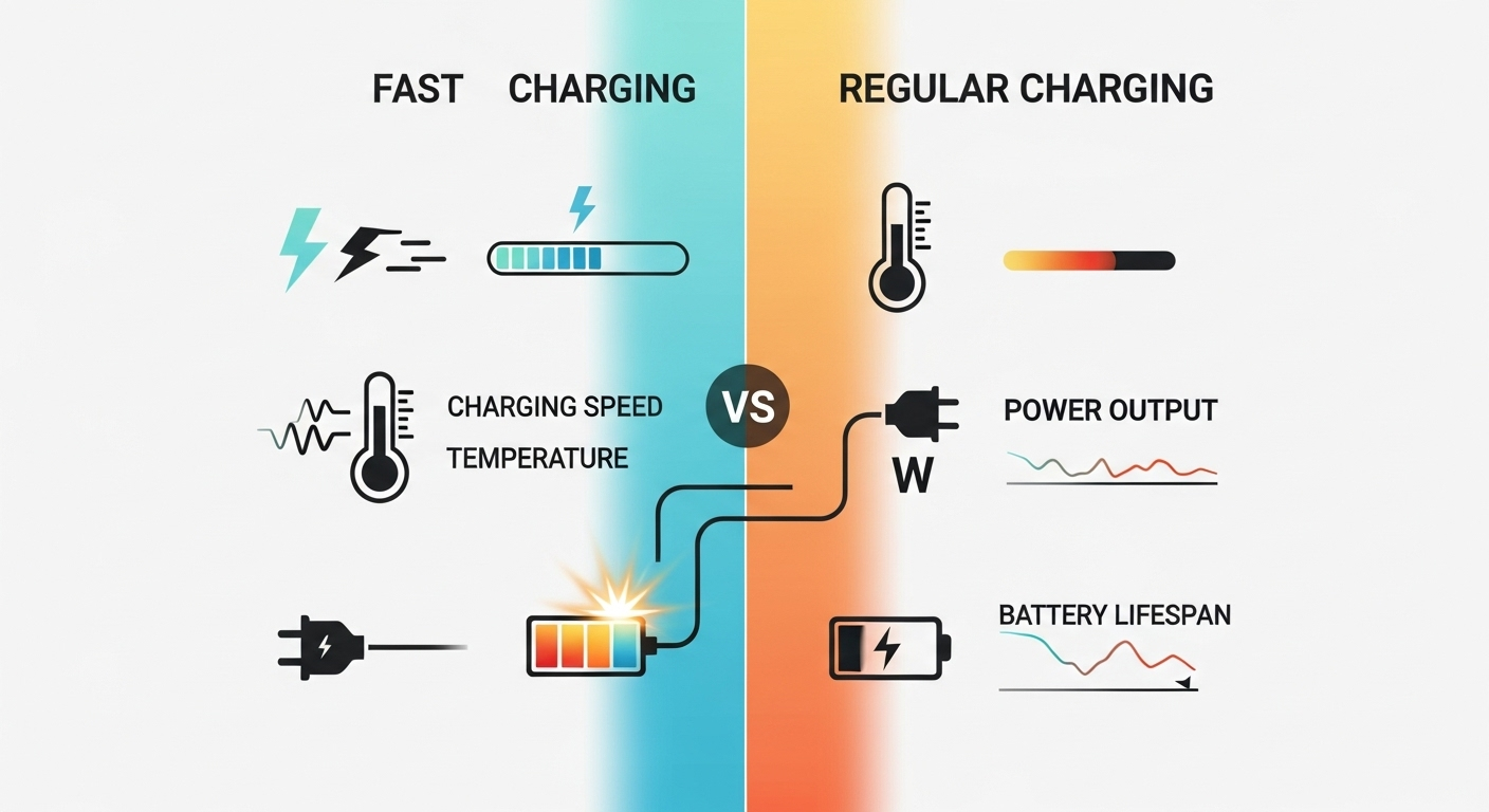 Infographic so sánh sạc nhanh và sạc thường với các icon trực quan cho tốc độ, nhiệt độ, công suất và tuổi thọ pin.