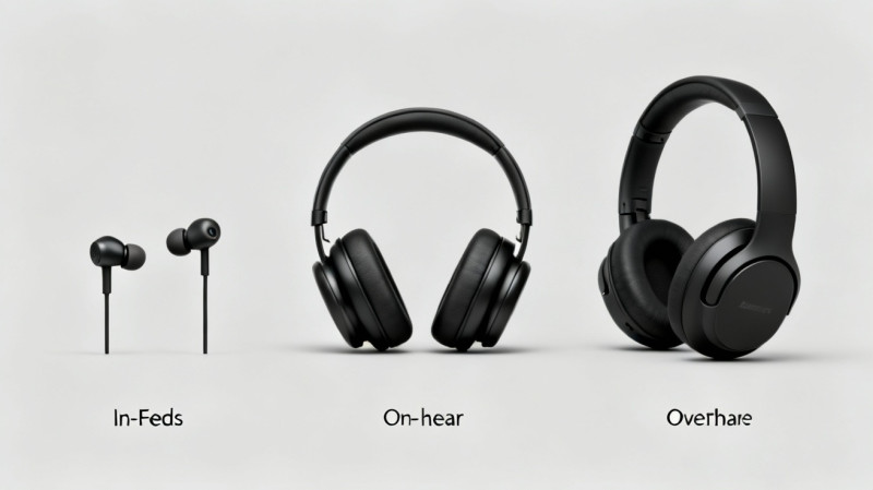 Infographic so sánh trực quan 3 kiểu dáng tai nghe (In-ear, On-ear, Over-ear) đặt cạnh nhau để thấy rõ sự khác biệt về kích thước và cách đeo.