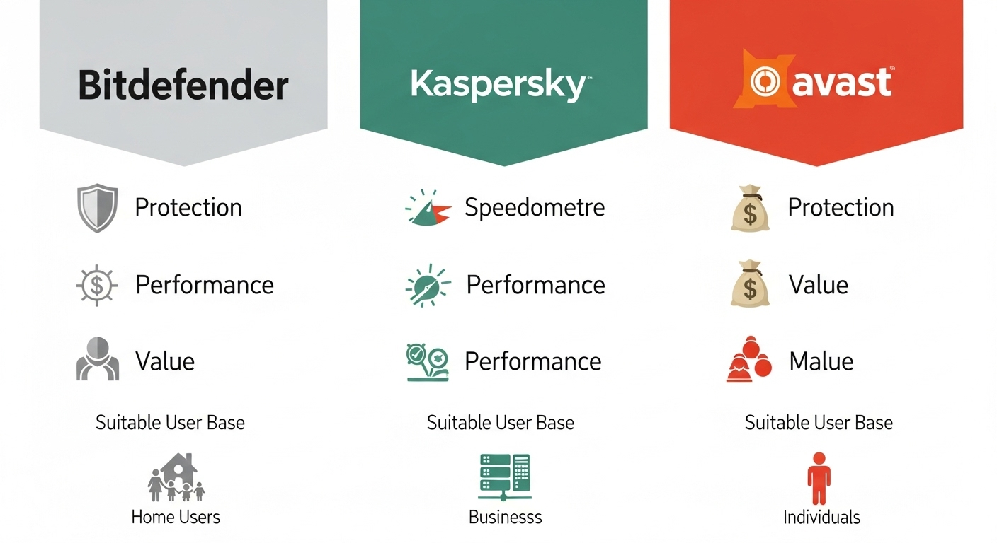 Infographic so sánh trực quan logo, ưu điểm nổi bật và đối tượng phù hợp của Bitdefender, Kaspersky và Avast.