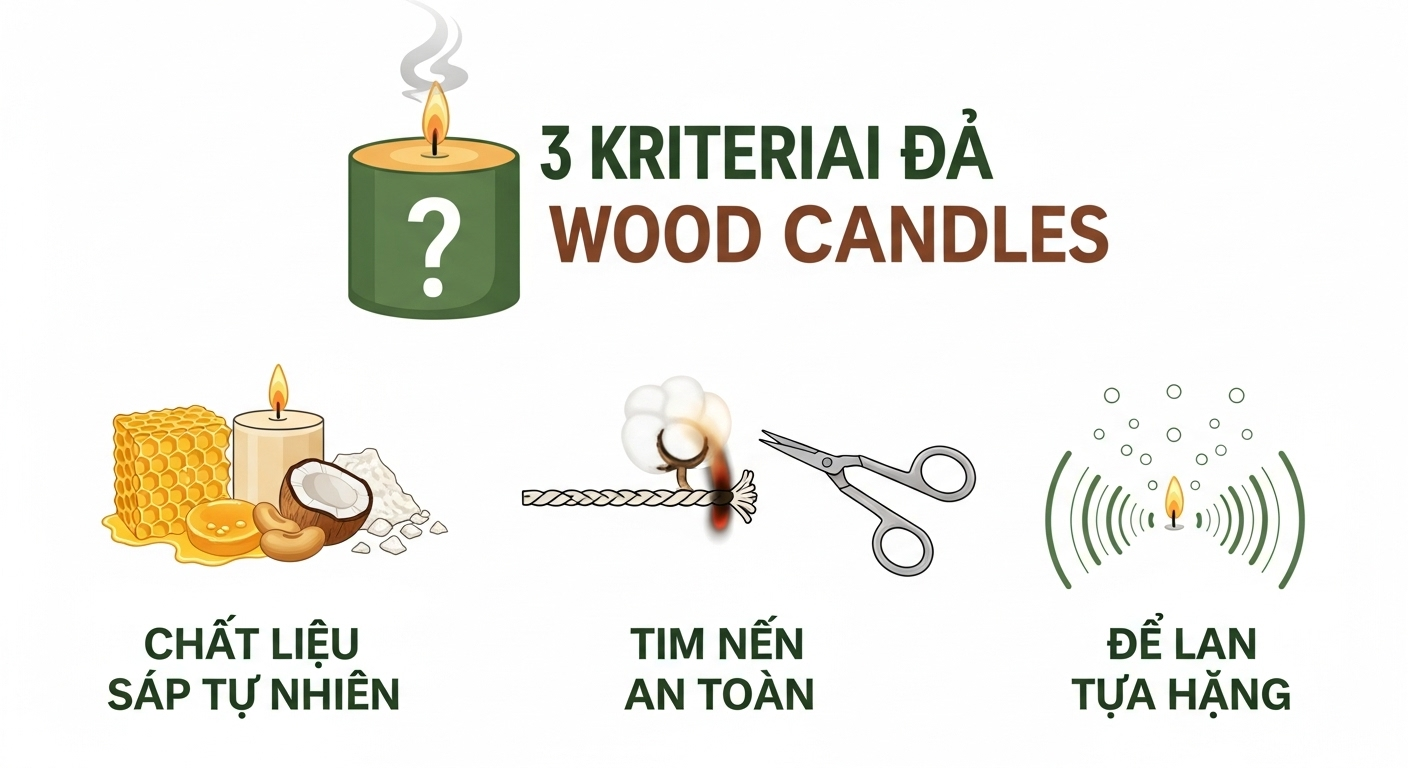Infographic tóm tắt 3 tiêu chí chọn nến thơm mùi gỗ: Chất liệu Sáp Tự Nhiên, Tim Nến An Toàn, và Độ Lan Tỏa Hương