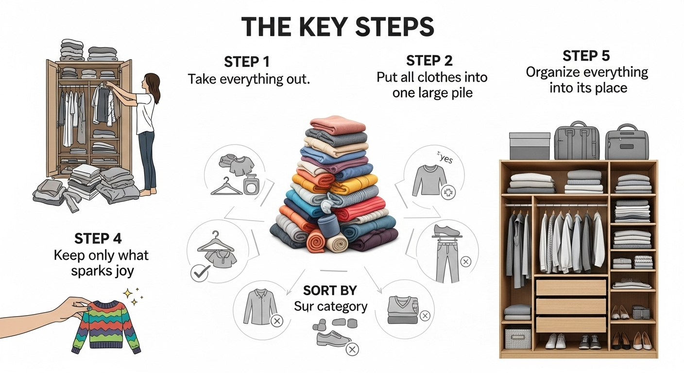 Infographic tóm tắt 5 bước chính của quy trình KonMari cho tủ quần áo.