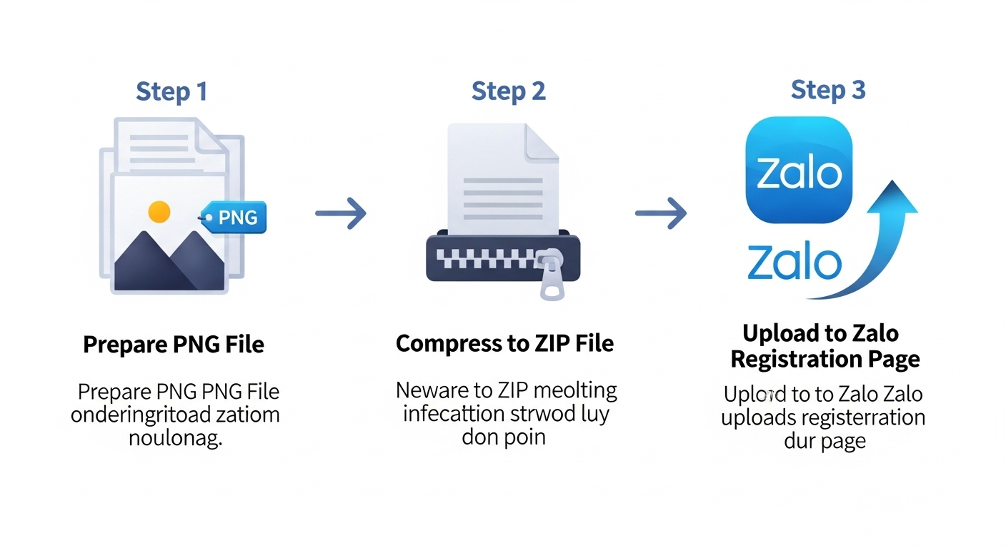 Infographic tóm tắt quy trình 3 bước: Chuẩn bị file PNG -> Nén thành file ZIP -> Tải lên trang đăng ký của Zalo.